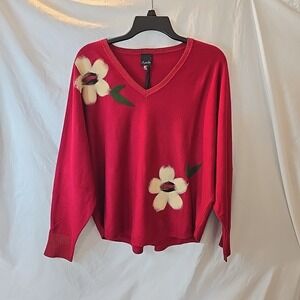 Aaeda‎ Women's Red V-Neck Sweater Large BloomCore Artsy Art 2 Wear Boho Size L